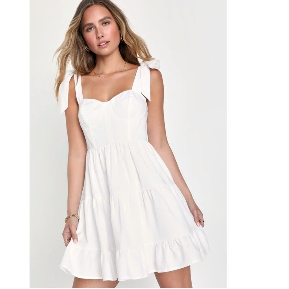 Lulus Tier-ly Delightful Off White Tie-Strap Tiered Mini Dress Small NWOT